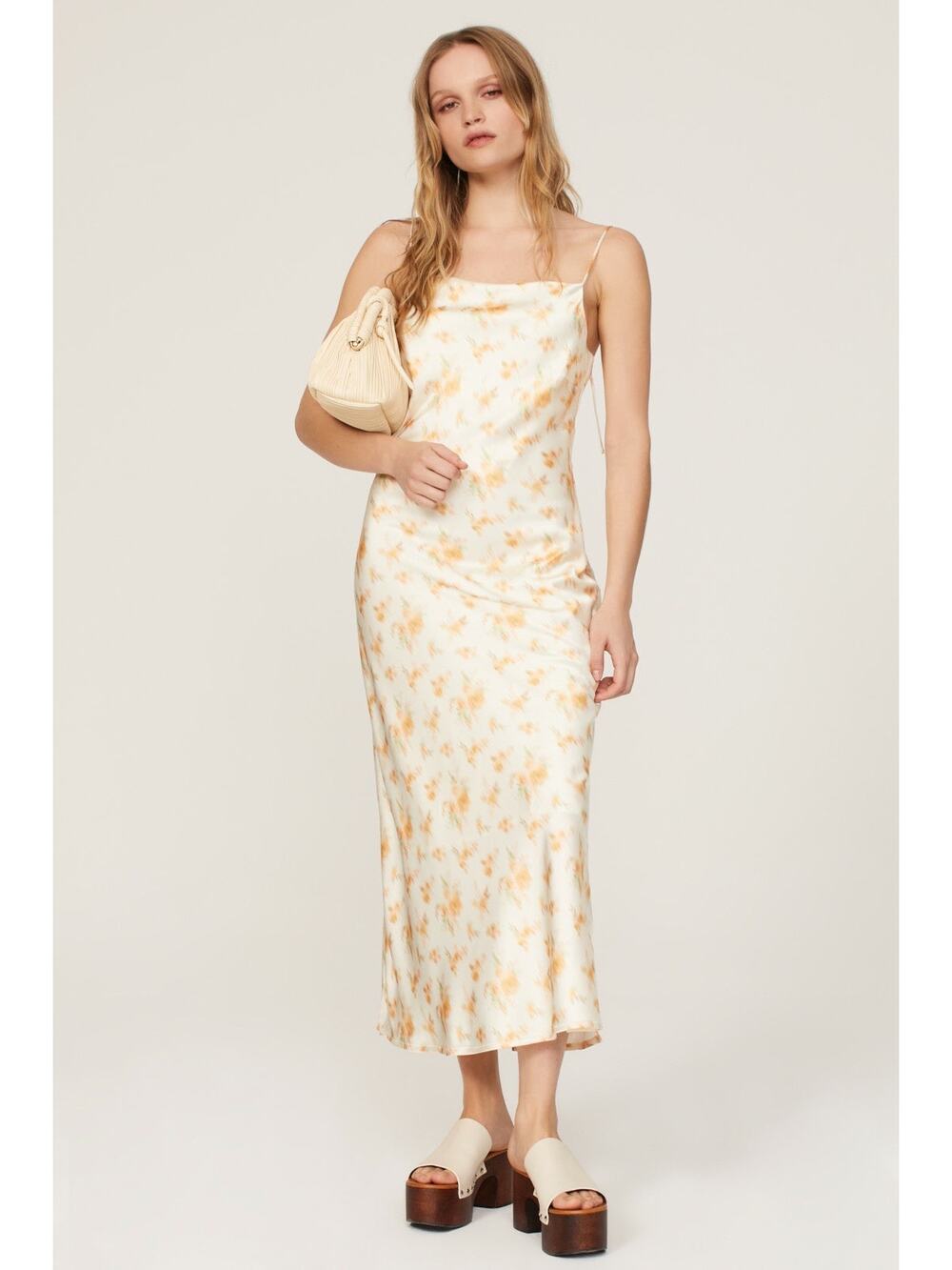 Holzweiler Eila Cream Yellow Floral Print Satin Midi Slip Dress Size XS